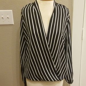 Black and White Deep V Neck Blouse